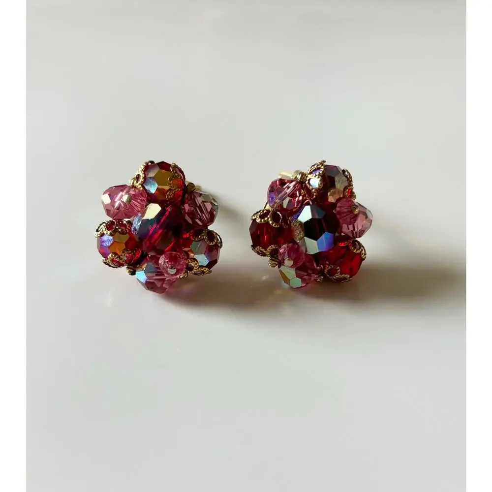 Vintage Cluster Jewel Clip On Earrings Red